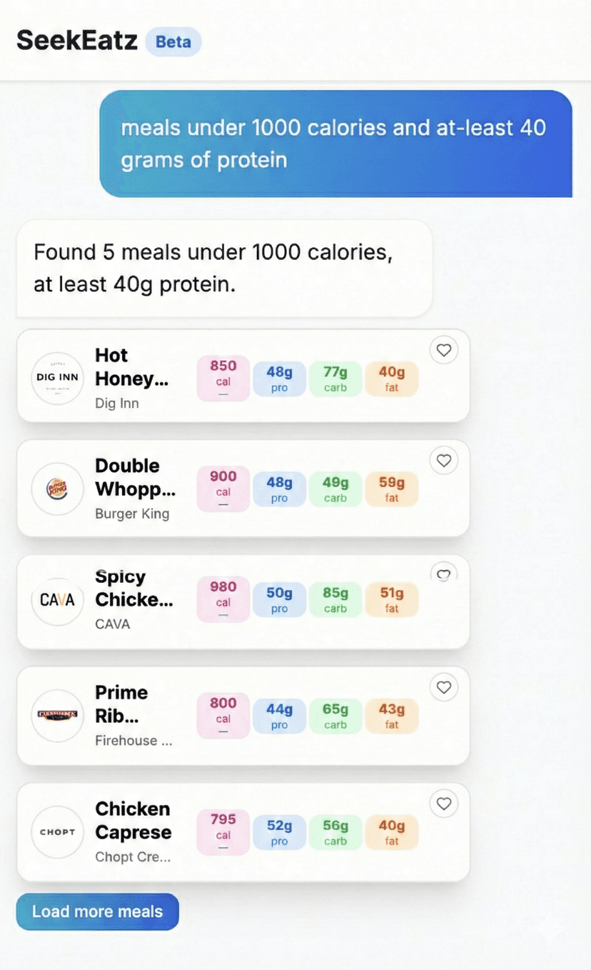 SeekEatz app — AI finding meals that fit your macros